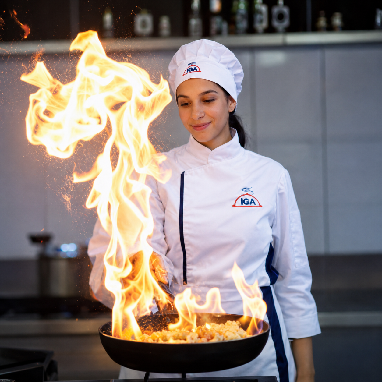 Estudiante de la Diplomatura en Gastronomía y Alta Cocina realizando una técnica de cocina profesional en IGA
